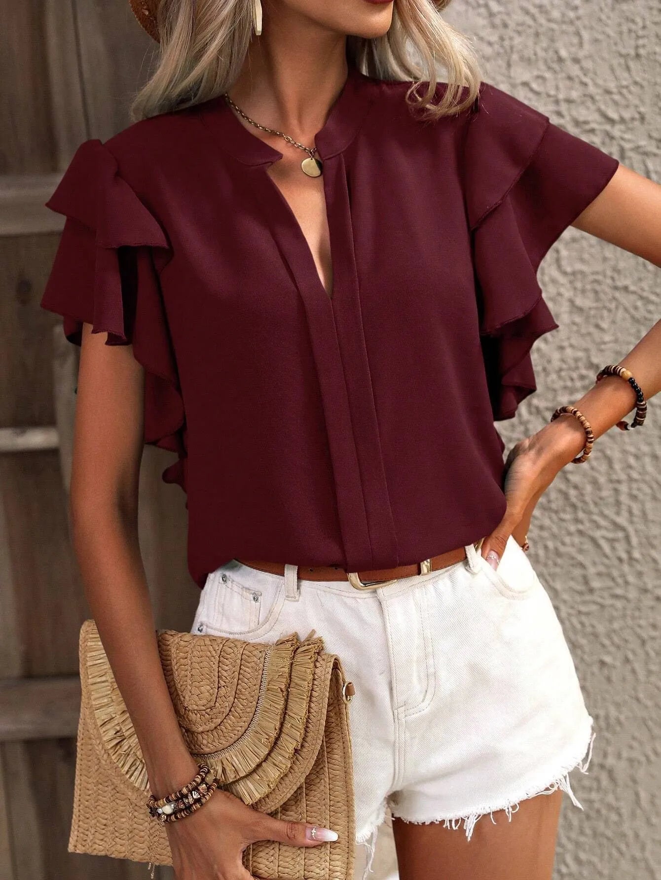 Ruffle Sleeve Notched Blouse - Velora Luxury Fashion