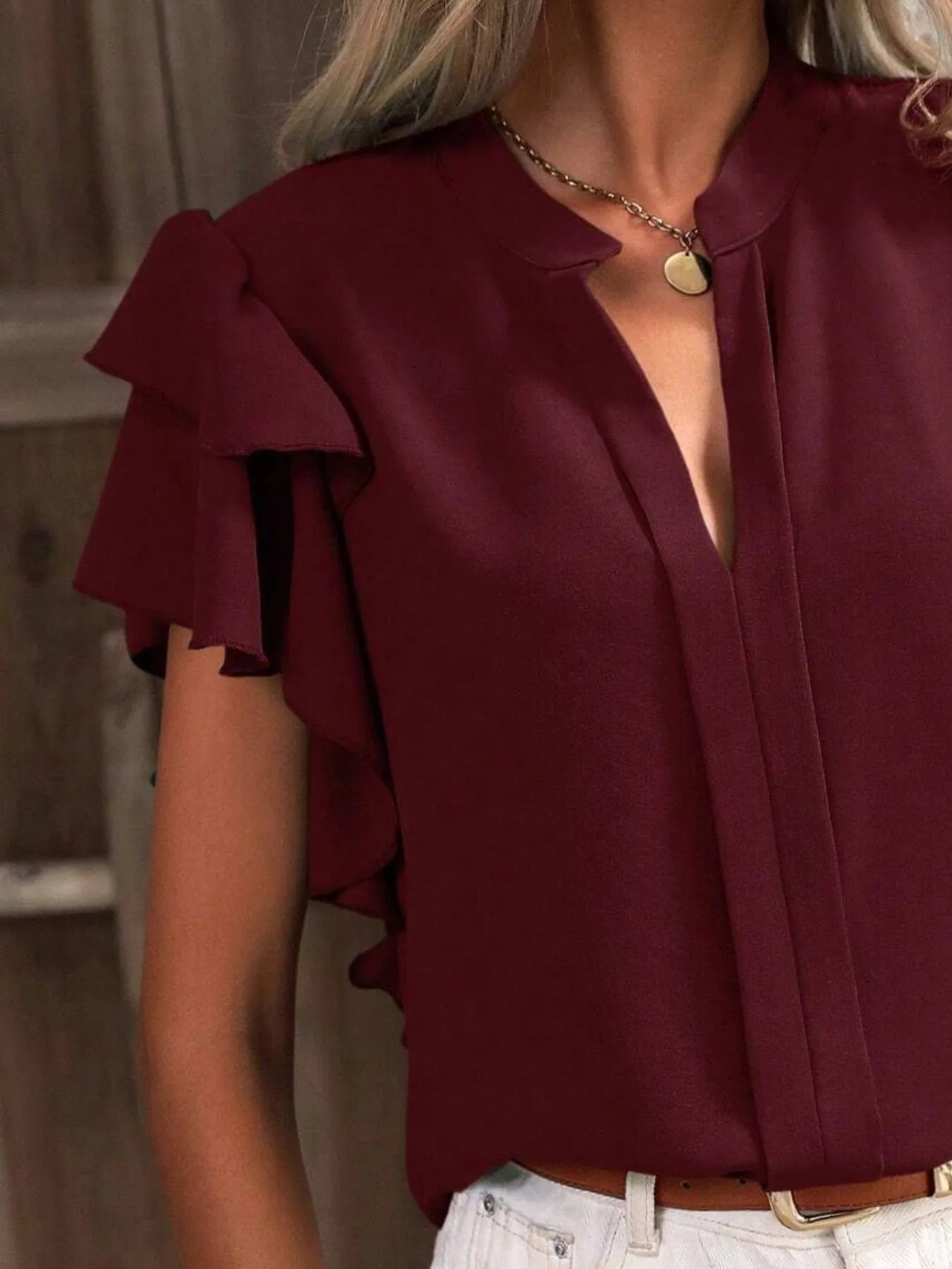 Ruffle Sleeve Notched Blouse - Velora Luxury Fashion