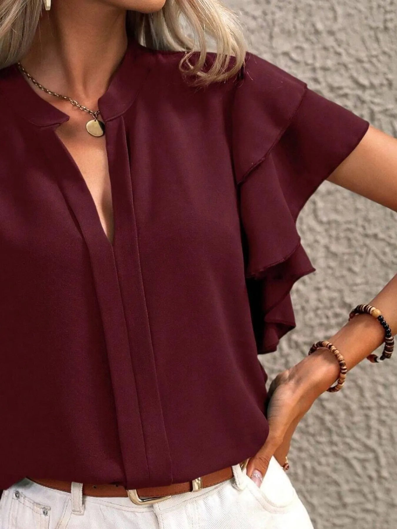 Ruffle Sleeve Notched Blouse - Velora Luxury Fashion