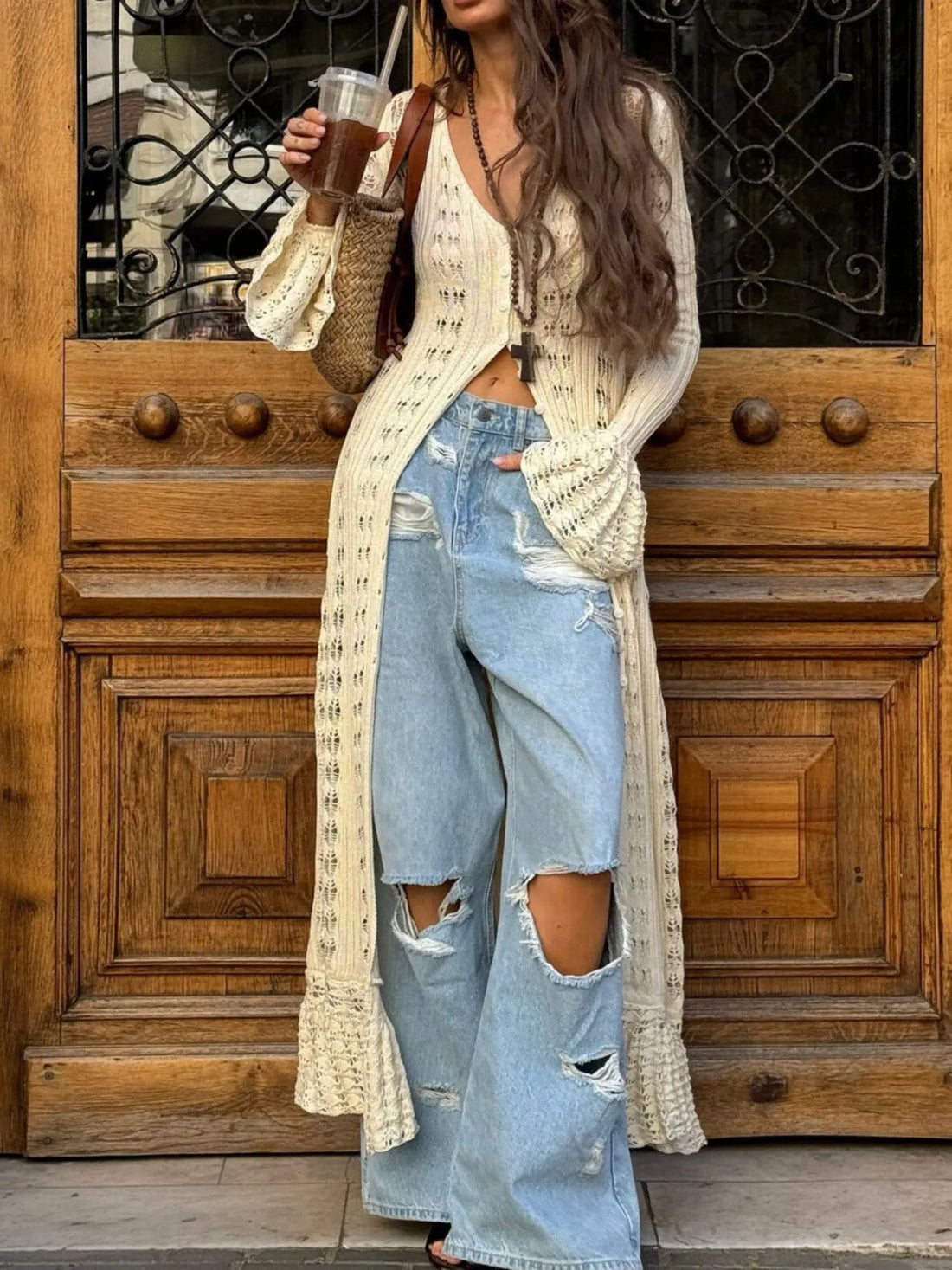 Ruffled Hem Openwork Longline Cardigan - Velora Luxury Fashion