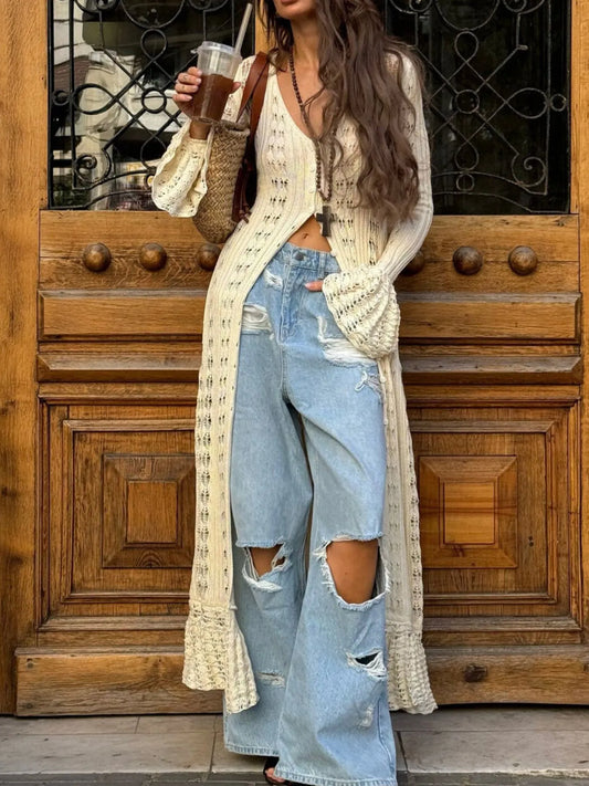 Ruffled Hem Openwork Longline Cardigan - Velora Luxury Fashion