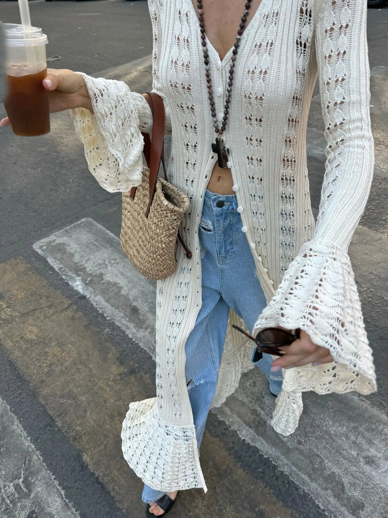 Ruffled Hem Openwork Longline Cardigan - Velora Luxury Fashion