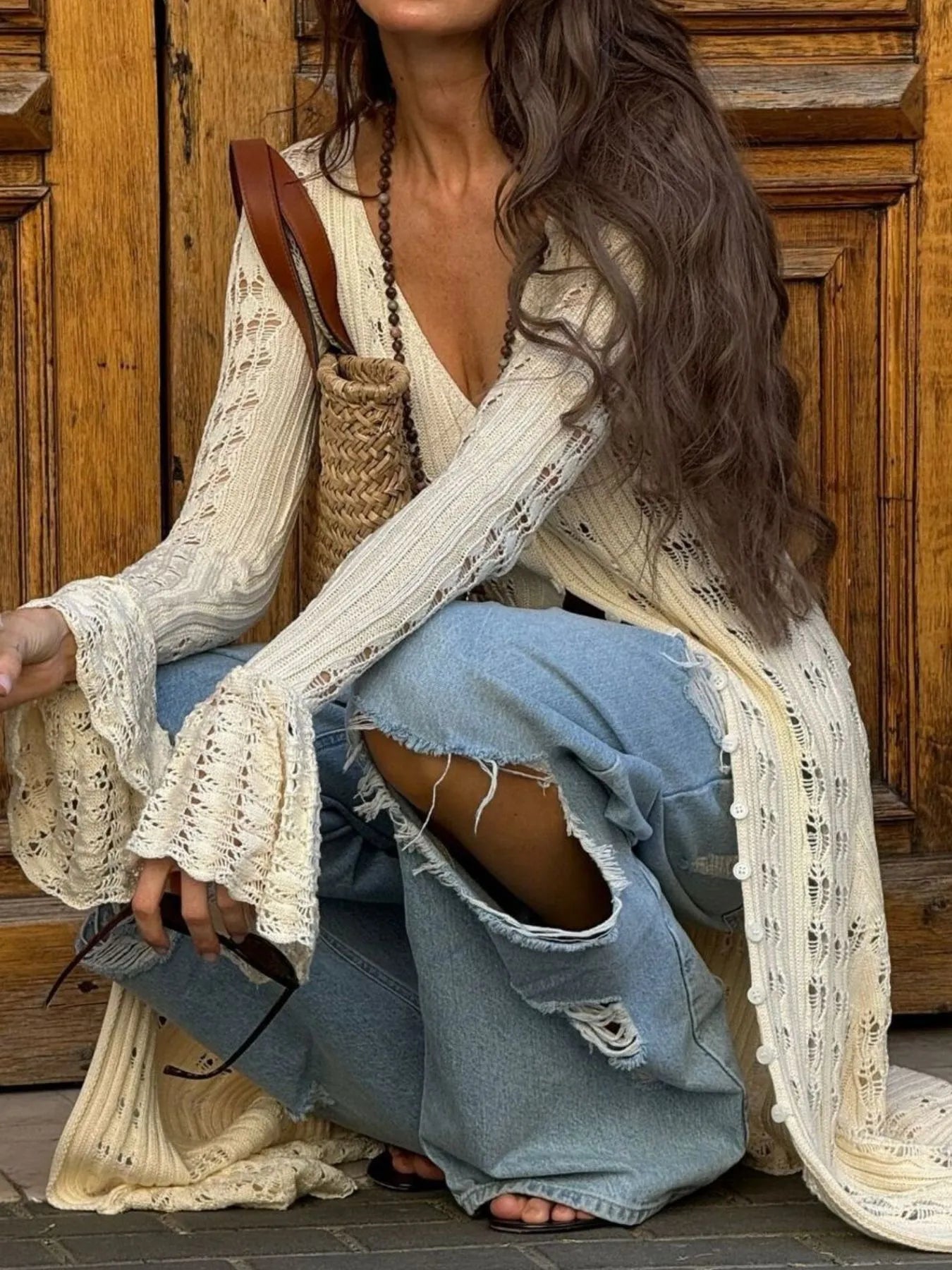 Ruffled Hem Openwork Longline Cardigan - Velora Luxury Fashion