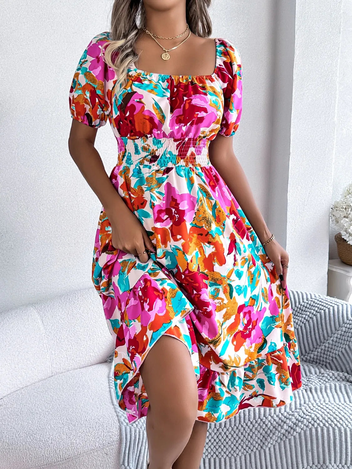 Ruffled Hem Smocked Floral Short Sleeve Midi Dress - Velora Luxury Fashion