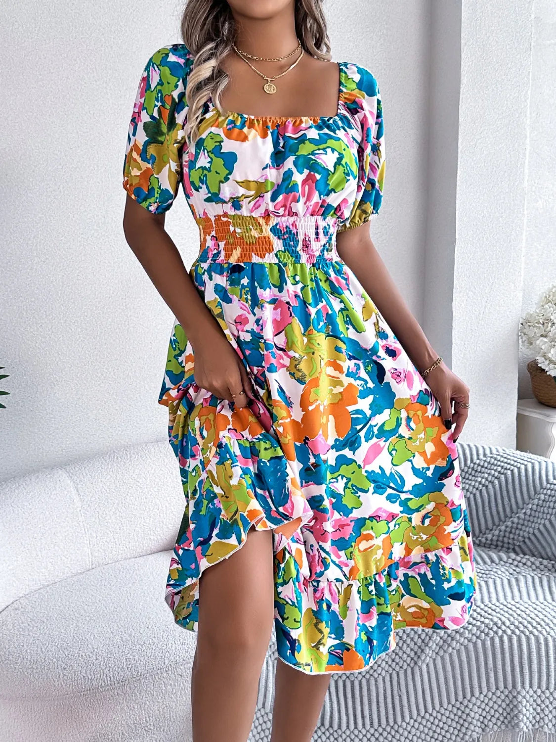 Ruffled Hem Smocked Floral Short Sleeve Midi Dress - Velora Luxury Fashion