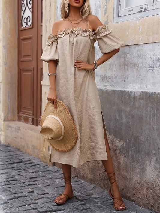 Ruffled Off-Shoulder Puff Sleeve Midi Dress - Velora Luxury Fashion