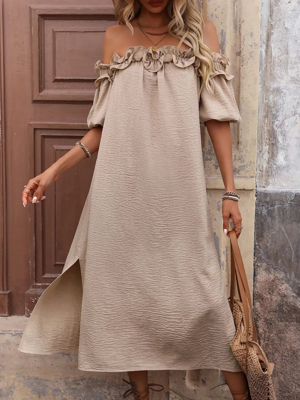 Ruffled Off-Shoulder Puff Sleeve Midi Dress - Velora Luxury Fashion