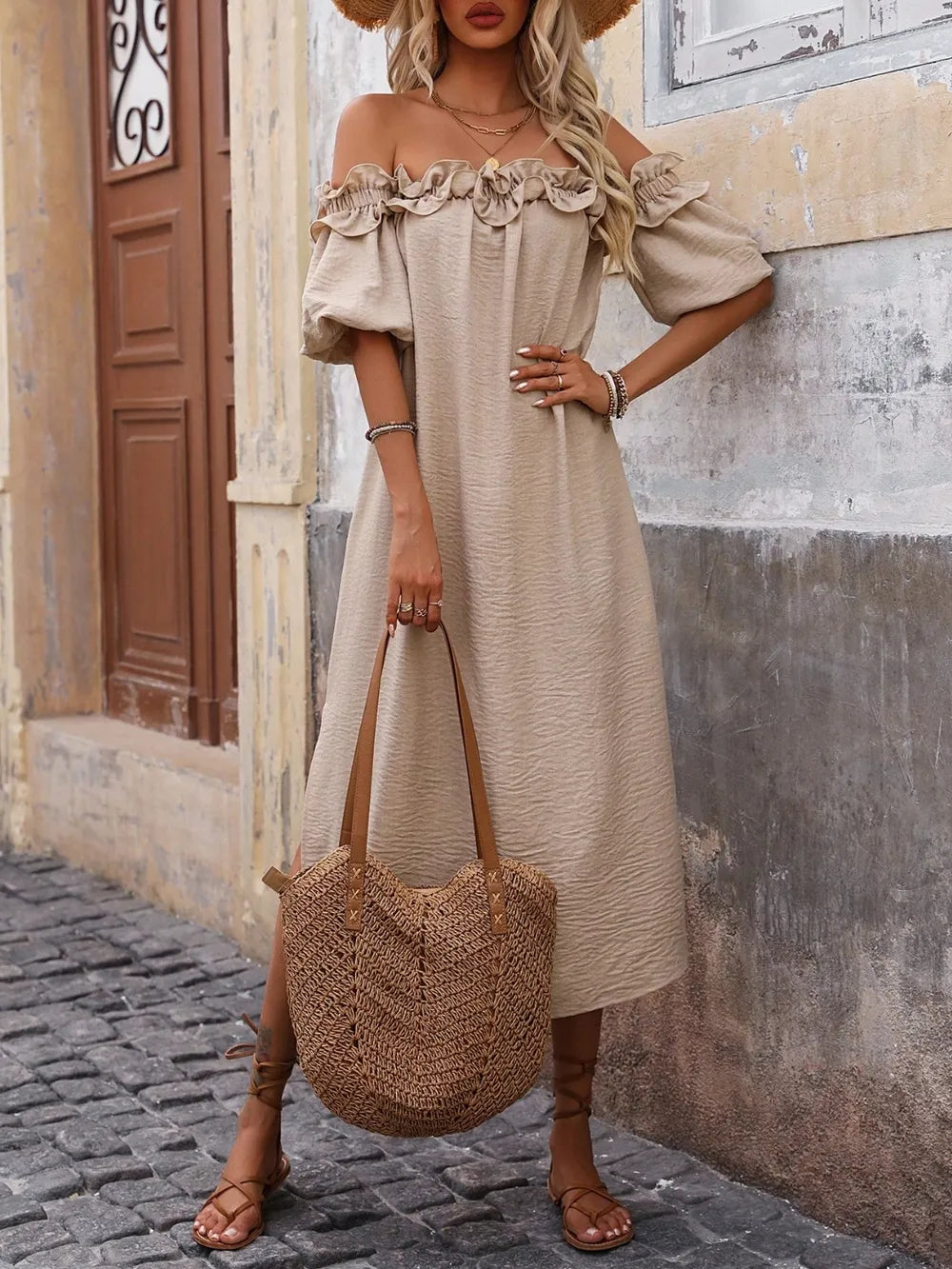 Ruffled Off-Shoulder Puff Sleeve Midi Dress - Velora Luxury Fashion