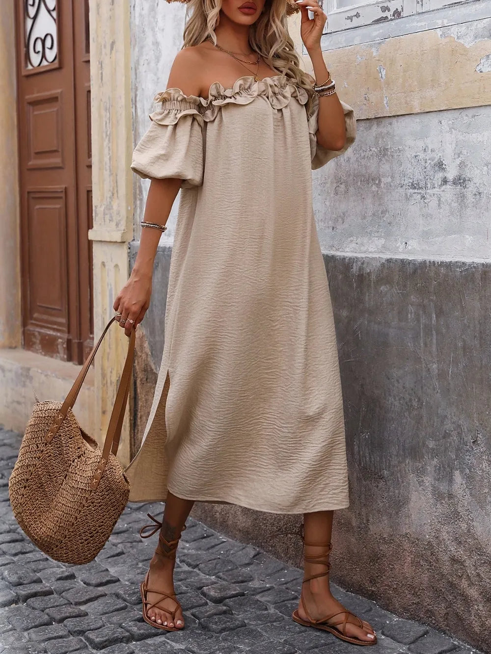 Ruffled Off-Shoulder Puff Sleeve Midi Dress - Velora Luxury Fashion