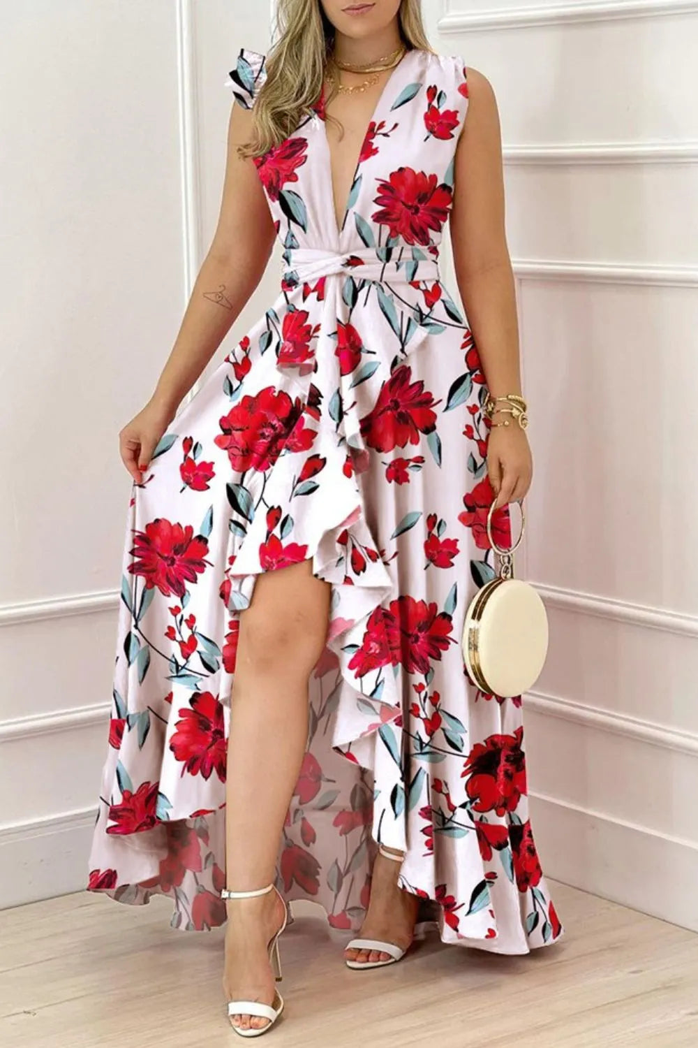 Ruffled Plunge Sleeveless Maxi Dress - Velora Luxury Fashion