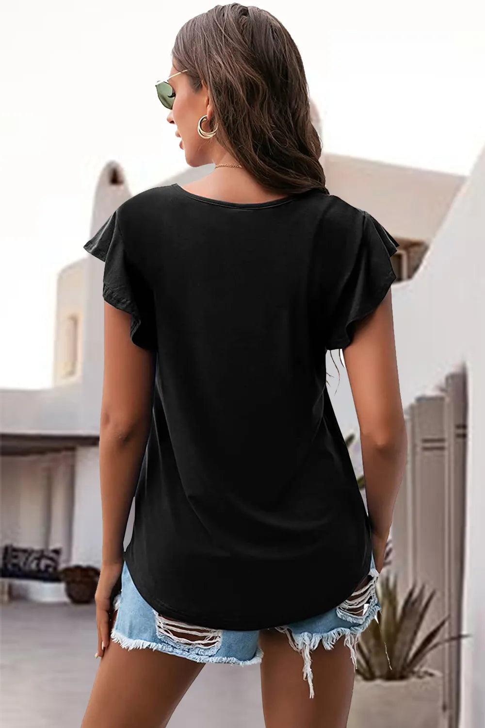 Ruffled Round Neck Cap Sleeve Blouse - Velora Luxury Fashion