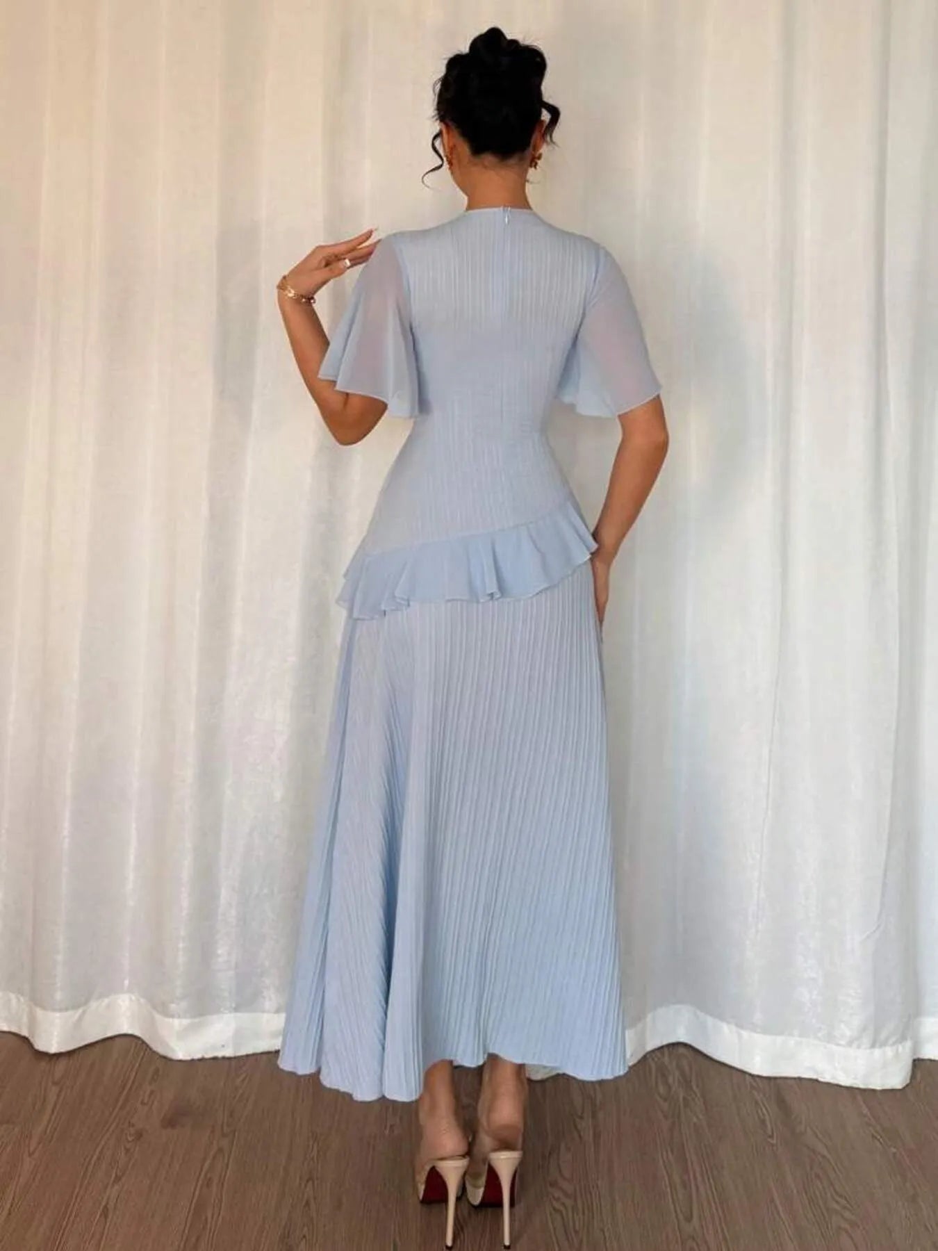 Ruffled Round Neck Flutter Sleeve Dress - Velora Luxury Fashion