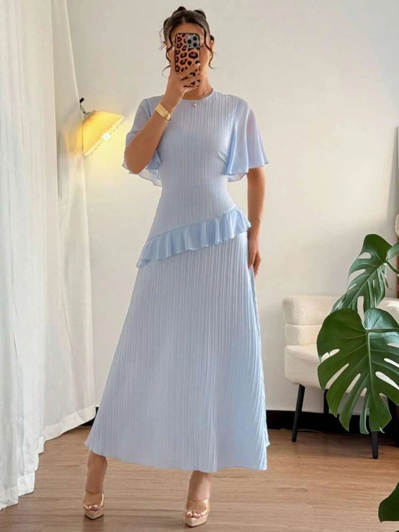 Ruffled Round Neck Flutter Sleeve Dress - Velora Luxury Fashion