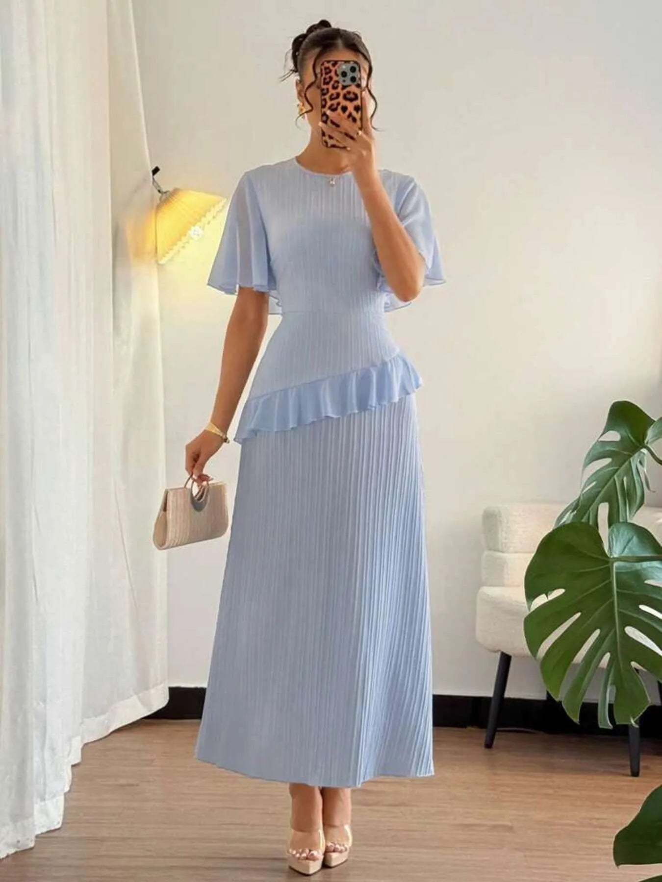 Ruffled Round Neck Flutter Sleeve Dress - Velora Luxury Fashion