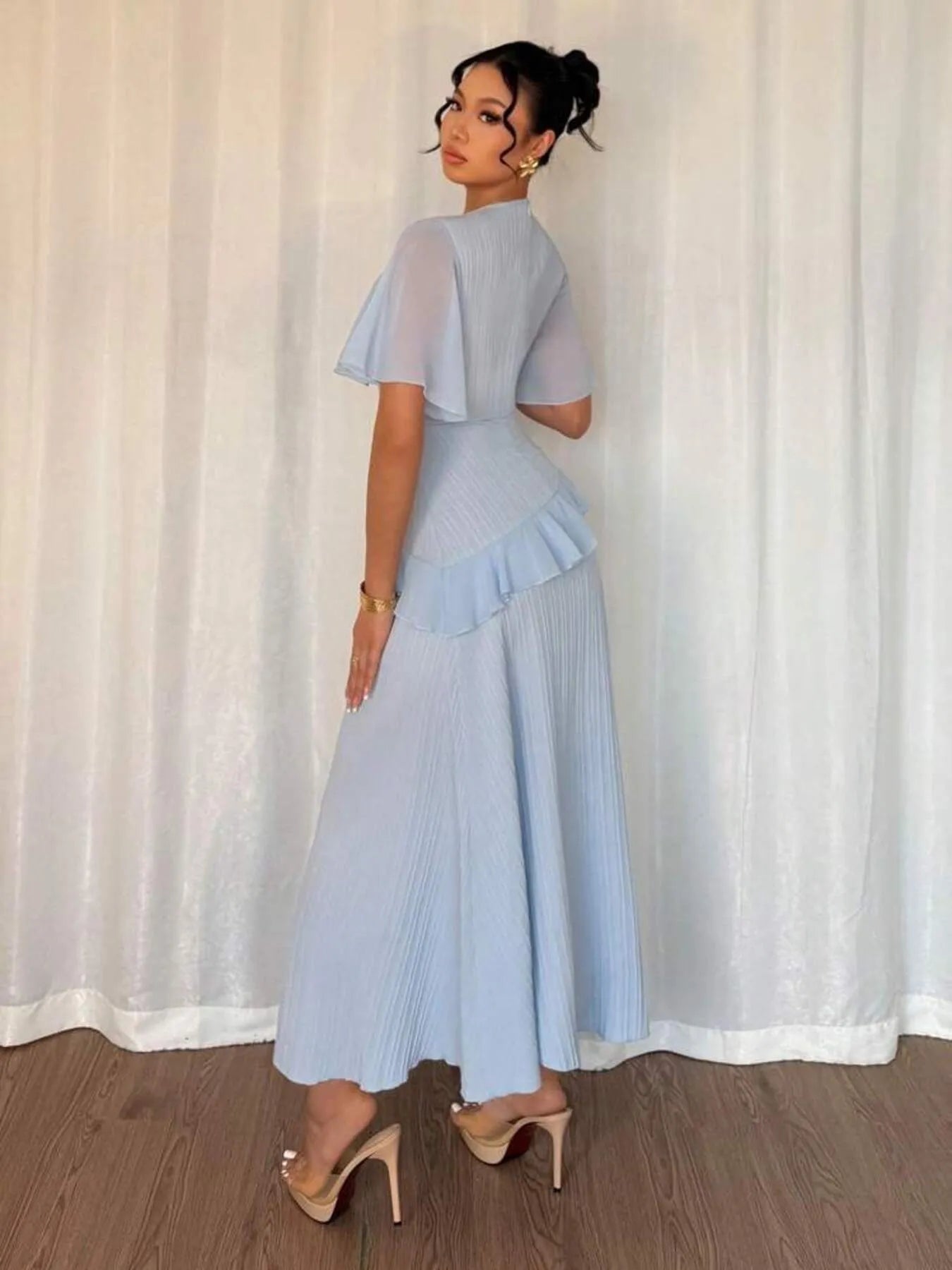 Ruffled Round Neck Flutter Sleeve Dress - Velora Luxury Fashion