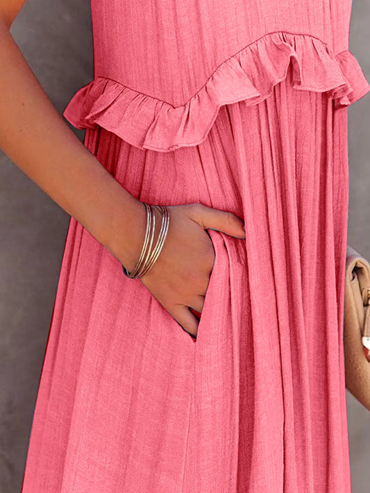 Ruffled Sleeveless Tiered Maxi Dress with Pockets - Velora Luxury Fashion