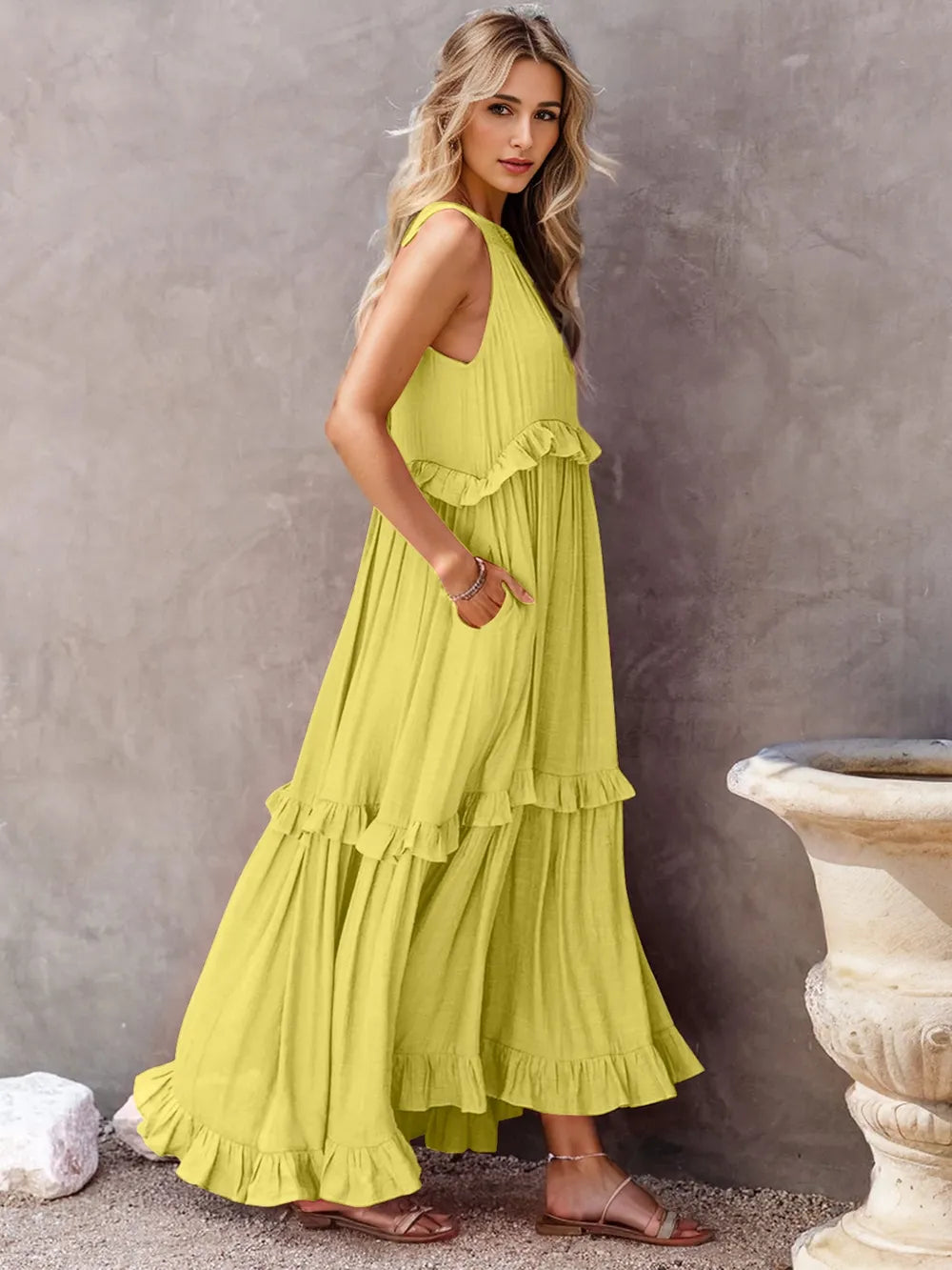 Ruffled Sleeveless Tiered Maxi Dress with Pockets - Velora Luxury Fashion