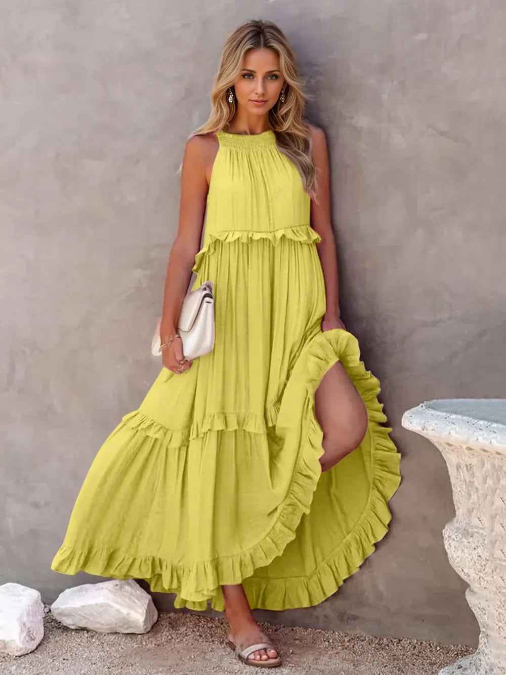 Ruffled Sleeveless Tiered Maxi Dress with Pockets - Velora Luxury Fashion