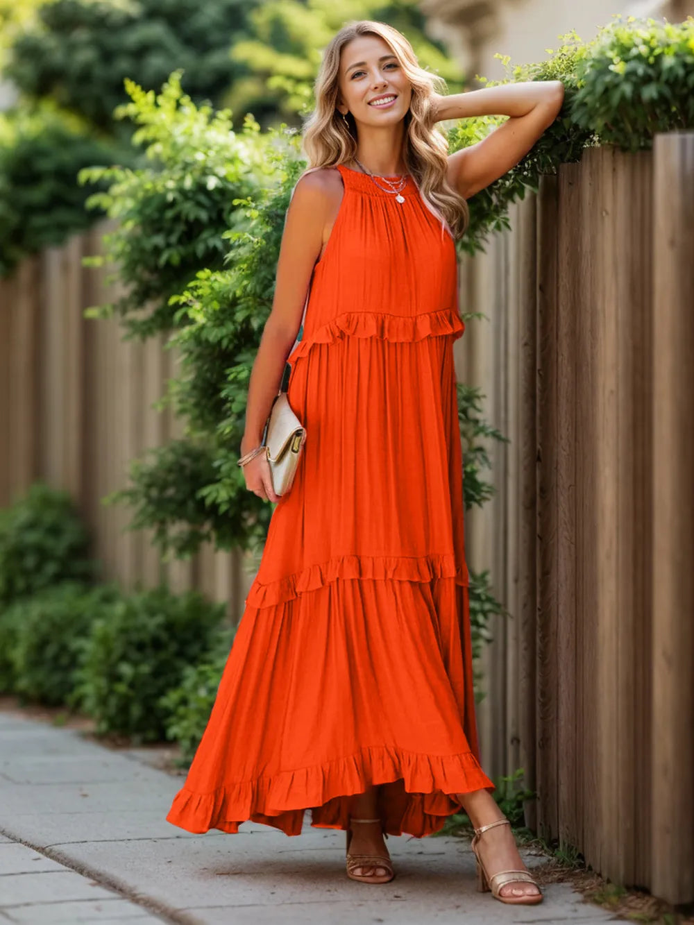 Ruffled Sleeveless Tiered Maxi Dress with Pockets - Velora Luxury Fashion