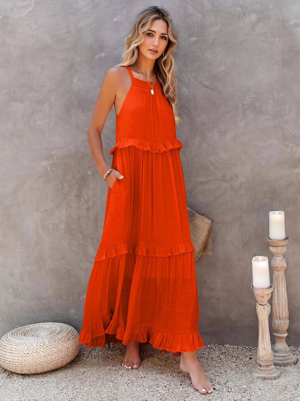 Ruffled Sleeveless Tiered Maxi Dress with Pockets - Velora Luxury Fashion