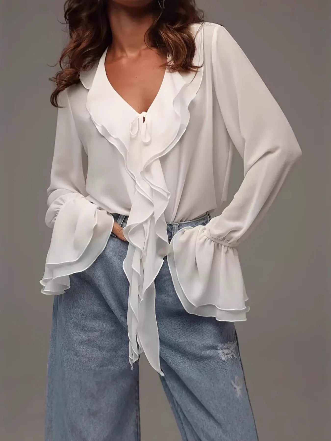 Ruffled V-Neck Flounce Sleeve Blouse - Velora Luxury Fashion
