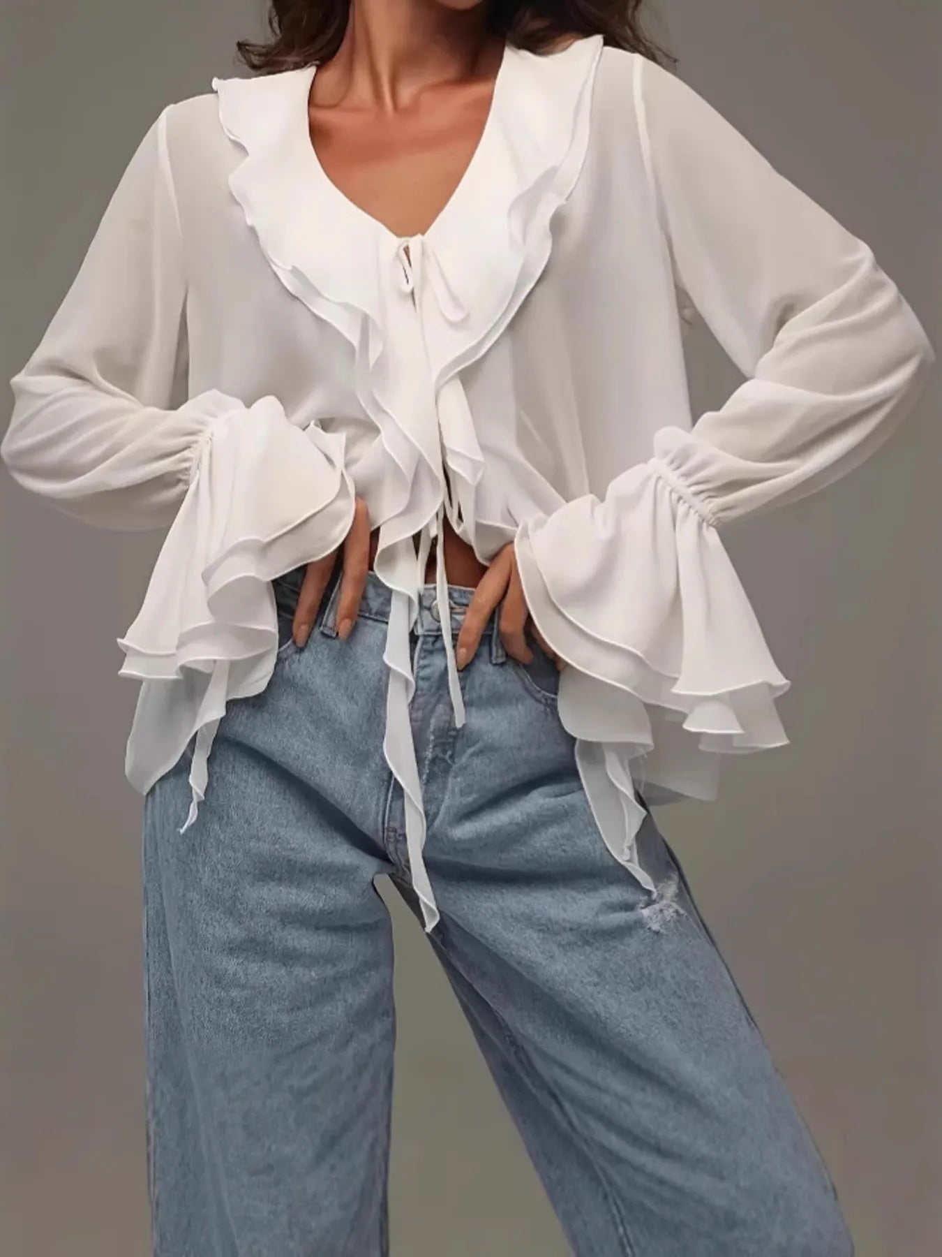Ruffled V-Neck Flounce Sleeve Blouse - Velora Luxury Fashion