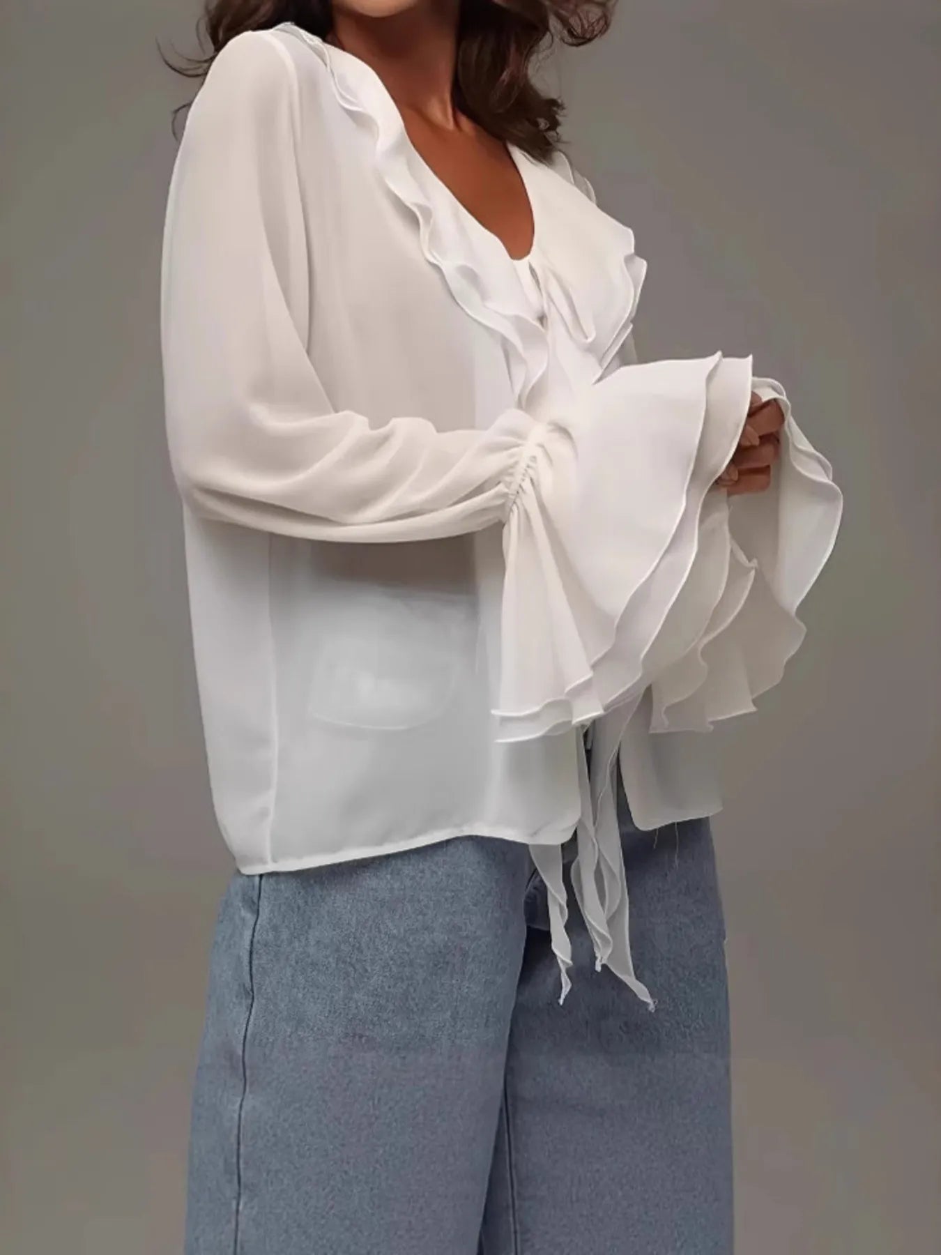 Ruffled V-Neck Flounce Sleeve Blouse - Velora Luxury Fashion