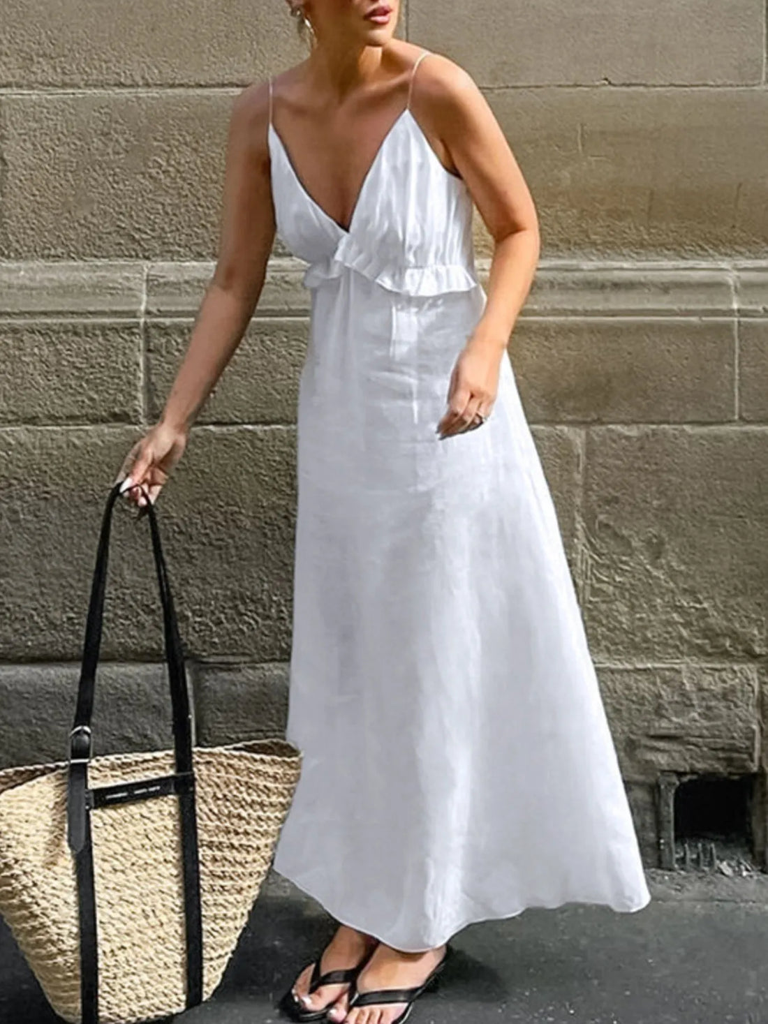 Ruffled V-Neck Maxi Dress - Velora Luxury Fashion