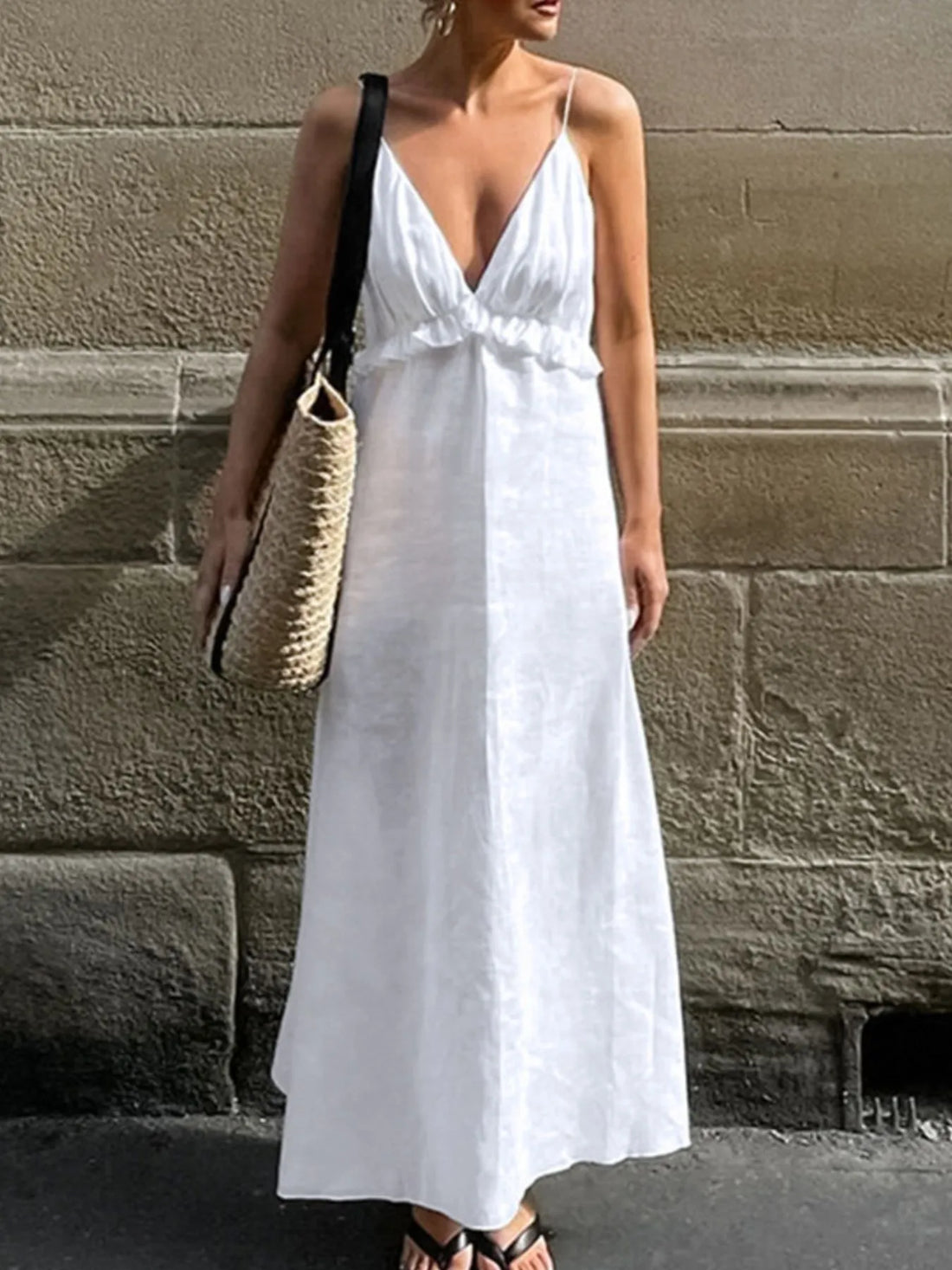 Ruffled V-Neck Maxi Dress - Velora Luxury Fashion