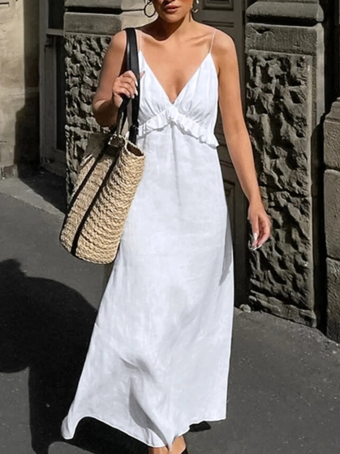 Ruffled V-Neck Maxi Dress - Velora Luxury Fashion