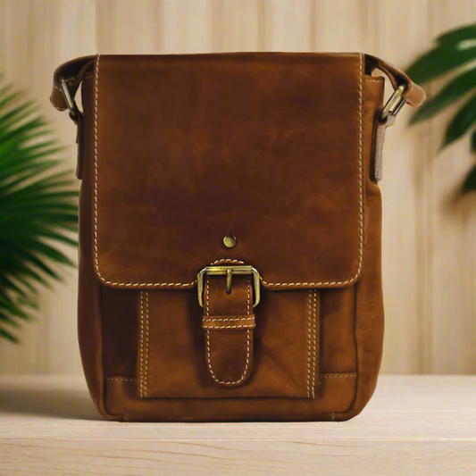 Rugged Earth Leather Bag with Front Flap and Buckle - Velora Luxury Fashion