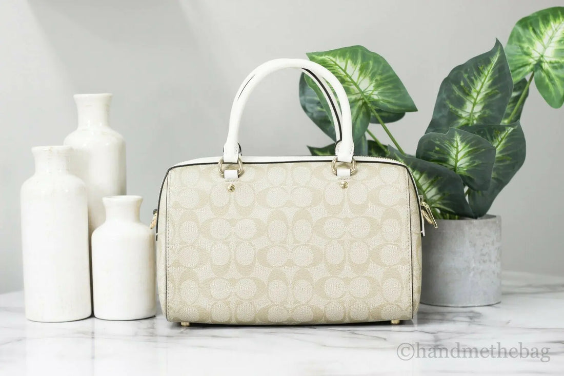 Coach (F83607) Rowan Signature Leather Light Khaki Chalk Medium Satchel Handbag Purse