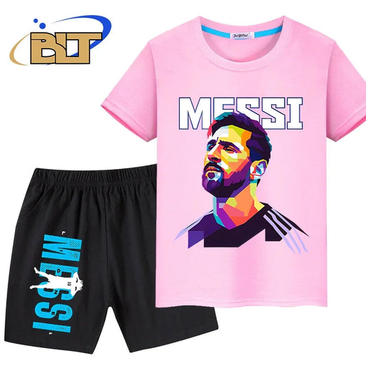 messi avatar printed kids sports suit summer pure cotton T-shirt shorts 2-piece set suitable for boys and girls Velora