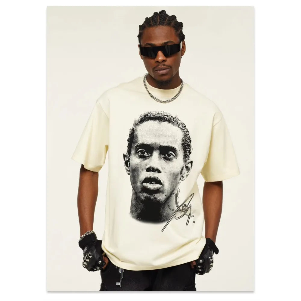 Ronaldinho Head Printed Short Sleeve Fashion Brand Crew-neck Cotton Casual Breathable High Quality Men's Women's T-shirt Velora
