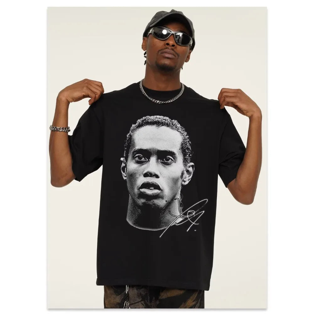 Ronaldinho Head Printed Short Sleeve Fashion Brand Crew-neck Cotton Casual Breathable High Quality Men's Women's T-shirt Velora