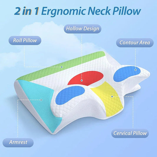 1pc Memory Foam Cervical Pillow, 2 in 1 Ergonomic Contour Orthopedic Pillow for Neck Pain, Contoured Support Pillows,Neck Pillow - Velora