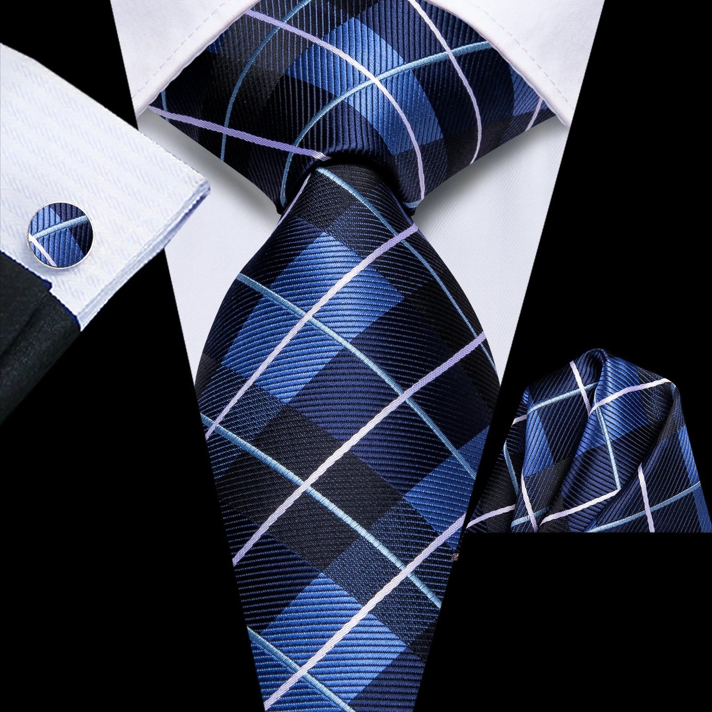 Hi-Tie Striped Rose Blue Pink Business Mens Tie 8.5cm Jacquard Necktie Accessorie Daily Cravat Wedding Party Hanky Cufflink Set - Velora