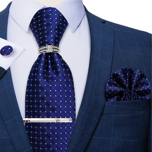 Blue Royal Dot Pliad Mens Tie set with Silver Clip and Ring Business Wedding Party Accessories 8cm Necktie Handkerchief Cufflink - Velora