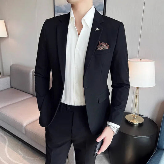 (Jacket + Pants) High End Brand Boutique Solid Color Mens Casual business office Suit Groom Wedding Dress Party Blazer Trousers - Velora