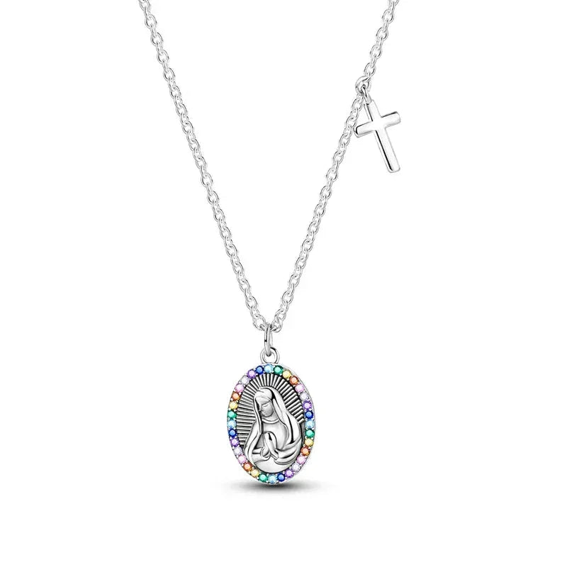Radiant Virgin Mary Sterling Silver Pendant Necklace With Cross - Velora