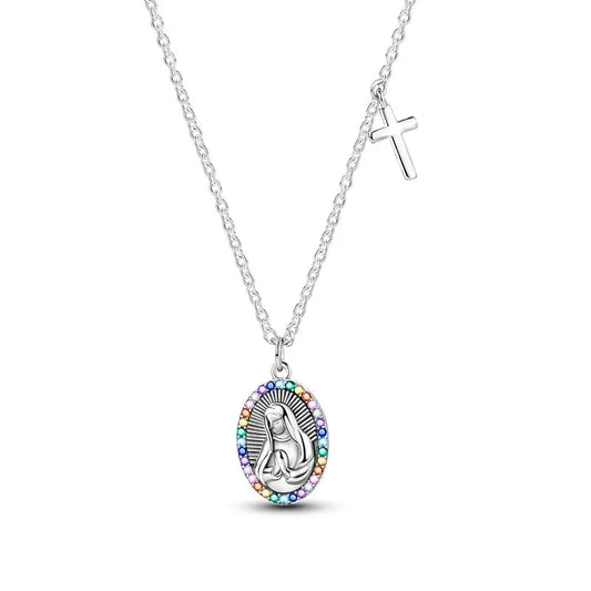 Radiant Virgin Mary Sterling Silver Pendant Necklace With Cross - Velora