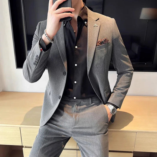 (Jacket + Pants) High End Brand Boutique Solid Color Mens Casual business office Suit Groom Wedding Dress Party Blazer Trousers - Velora