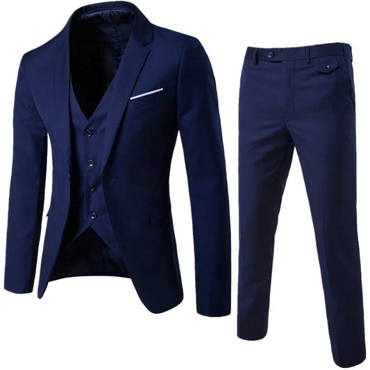 Spring Autumn New Fashion Men's Trendy Slim Business Solid Color 3 Pieces of Suits Sets Single Greasted Blazers Waistcoat Pants - Velora