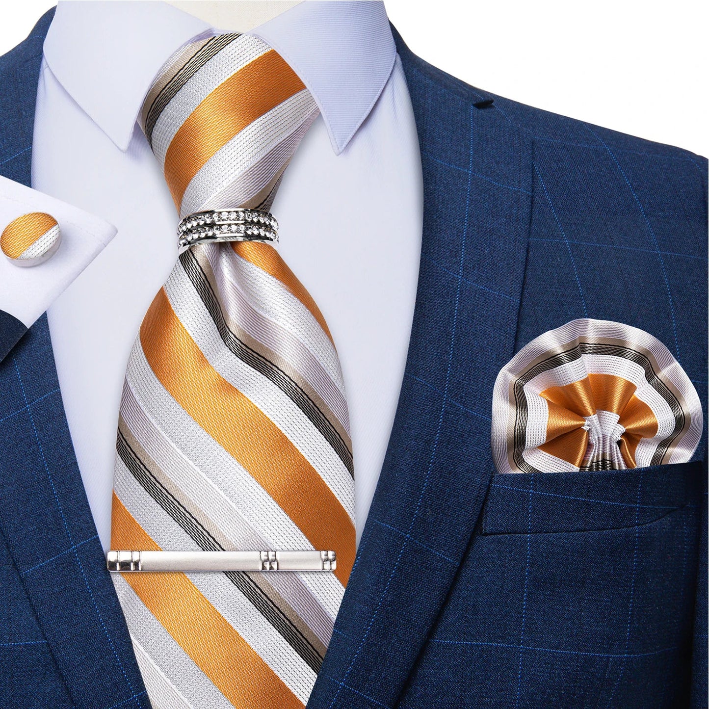 Blue Royal Dot Pliad Mens Tie set with Silver Clip and Ring Business Wedding Party Accessories 8cm Necktie Handkerchief Cufflink - Velora