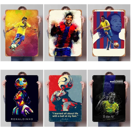 Ronaldinho Sign Sports Poster Metal Wall Art of Murals Vintage Metal Tin Sign Plaque for Wall Art Decoration Man Cave Retro Home Velora