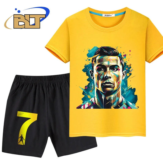 Ronaldo head print children's clothing summer kids T-shirt set pure cotton short-sleeved shorts 2-piece set boys and girls gifts Velora