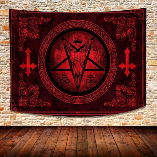 VIKAMA Halloween Dark Night Ritual Tapestry Satanic Goat Head Witch Secret Chamber Altar Bar Room Decoration - Velora