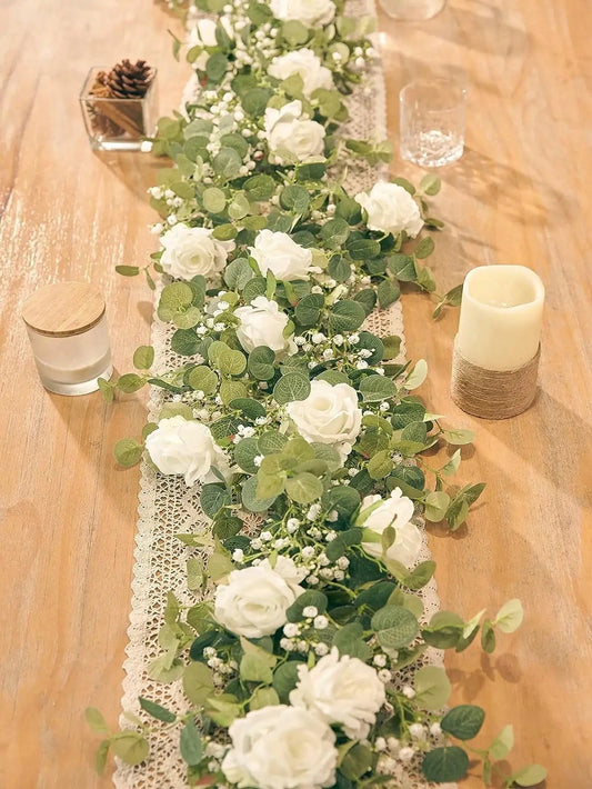 1pc 5.9FT Artificial Eucalyptus Vine Fake Rose Flowers Gypsophila Garland For Wedding Home Party Craft Art Table Runner Decor - Velora
