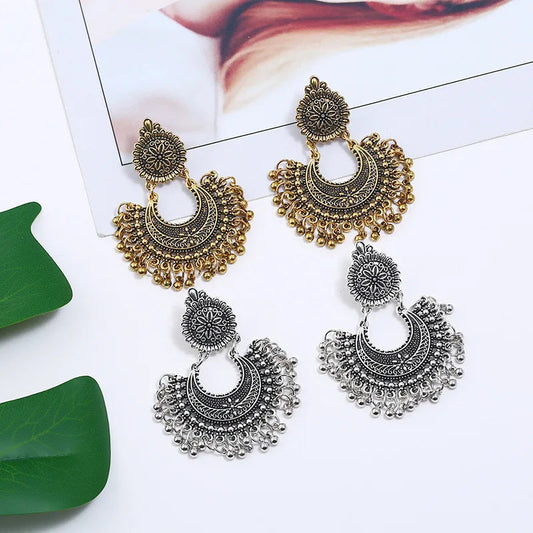Indian Jhumka Earrings Jewelry Ethnic Retro Antique Silver Color Alloy Carved Beads Tassel Earrings For Women Daily Accessories Velora