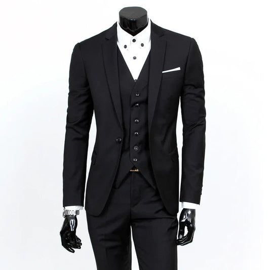 Spring Autumn New Fashion Men's Trendy Slim Business Solid Color 3 Pieces of Suits Sets Single Greasted Blazers Waistcoat Pants - Velora